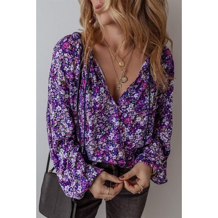 Purple Boho Flower Split V Neck Bubble Sleeve Blouse