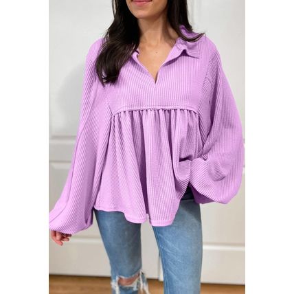 Phalaenopsis Corded Turn-down V Neck Bubble Sleeve Babydoll Blouse