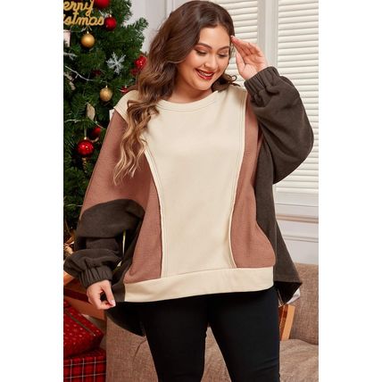 Brown Exposed Seam Colorblock Plus Size Hoodie