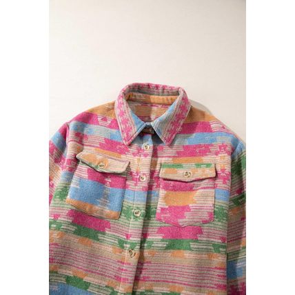 Pink Plus Size Aztec Printed Flap Pocket Shacket