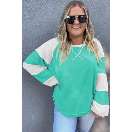 Aruba Blue Colorblock Patchwork Cross Seam Plus Sweatshirt