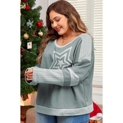 Mist Green Stars Patchwork Round Neck Plus Size T Shirt