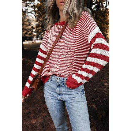 Red Stripe Geometric Textured Drop Shoulder Sweater