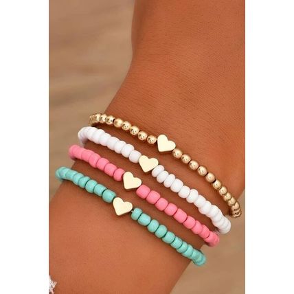 Pink Heart Beaded Multi Layered Bracelet Set