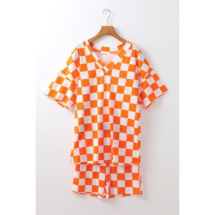 Orange Checkerboard Print V Neck Loose Tee and Shorts Lounge Set