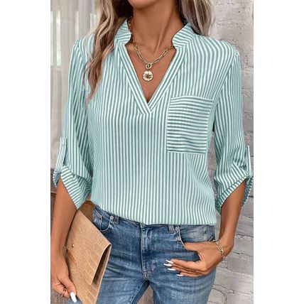Green Stripe V Neck Roll Up Sleeve Pocket Patched Classic Shirt