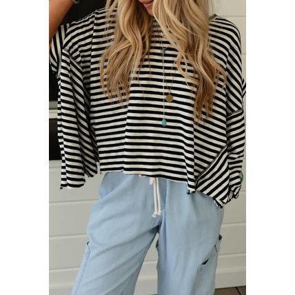 Black Stripe Batwing Sleeve Crewneck Oversized Top