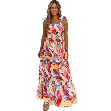 Multicolor Abstract Print Striped Trim Maxi Sundress