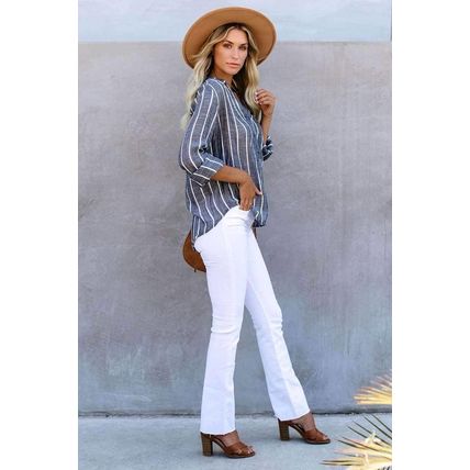 Blue Striped V Neck Pocket Long Sleeve Top