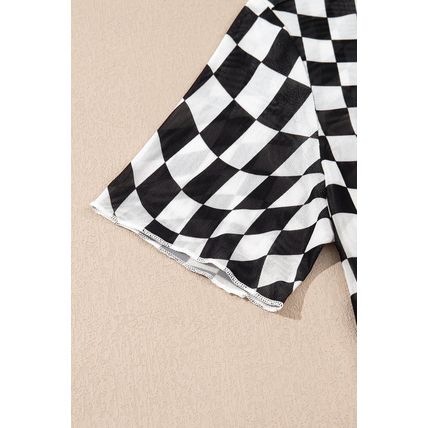 Black Checker Mesh Crew Neck T Shirt