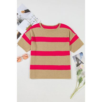 Pink Stripe Colorblock Short Sleeve Crew Neck Lightweight Sweater