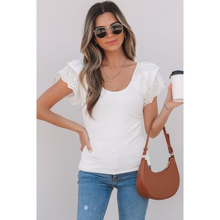 White Eyelet Ruffle Sleeve Slim Fitted Top