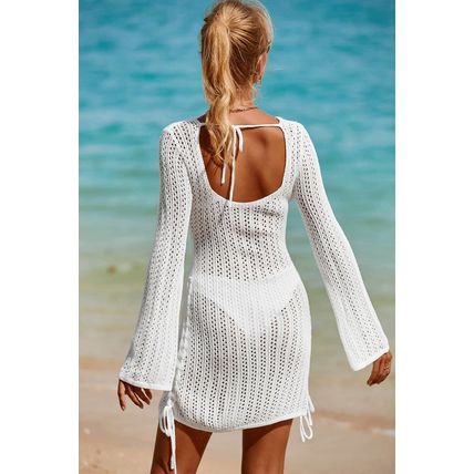White Hollowout Knit Bell Sleeve Drawstring Short Beach dress