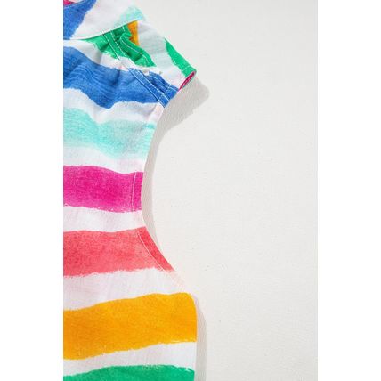 Rose Red Rainbow Stripes Ruffled Hem Drawstring V Neck Tank Top