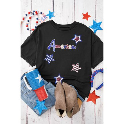 Black Sequined America Star Pattern Hi Low Hem Casual T Shirt
