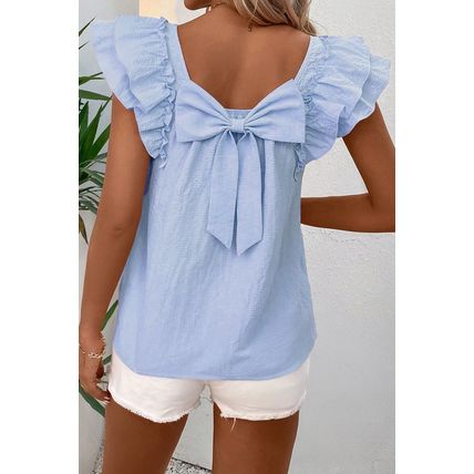 Beau Blue Textured Bow Knot Frilled Butterfly Sleeve Blouse