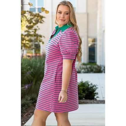 Rose Stripe Collared V Neck Puff Sleeve Shift T Shirt Dress with Pockets