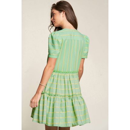 Green Stripe V Neck Short Sleeve Frilled Detail A-line Dress