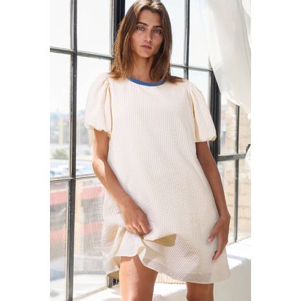 Beige Stripe Seersucker Contrast Round Neck Puff Sleeve T Shirt Dress