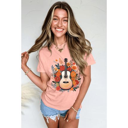 Pink Guitar Flower Print Crew Neck Loose T Shirt