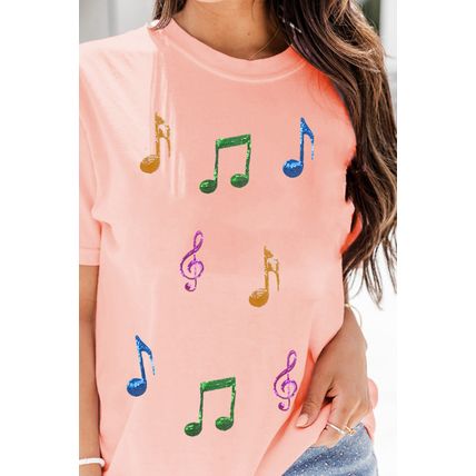 Pink Music Notes Patched Graphic Casual T Shirt
