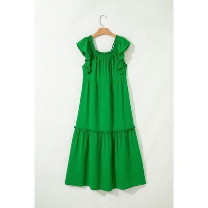 Green Ruffled Flutter Sleeve Square Neck Textured Tiered Maxi Dress