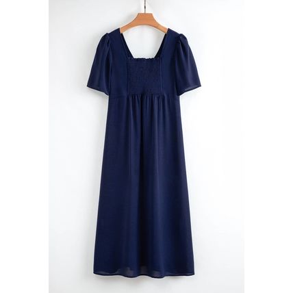 Navy Blue V Neck Buttoned Front Shirred Back Short Sleeve Midi Dress