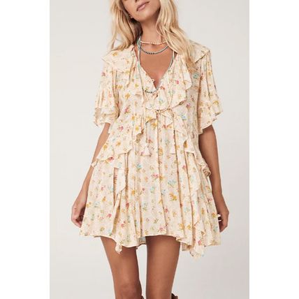 Apricot Boho Floral Tassel Tie V Neck Ruffle Wide Sleeve Mini Dress