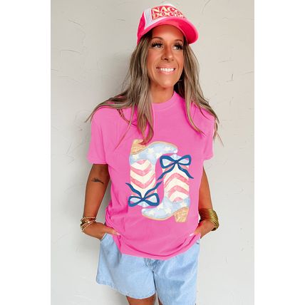 Sachet Pink Flag Pattern Boots Bow Accent Casual Graphic Tee