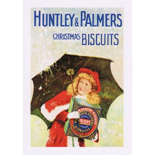 Postcard Poster Advert Art Huntley & Palmers Christmas Biscuits Umbrella Snow