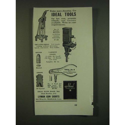 1940 Lyman Ideal Tools Ad - No. 5 Powder Measure and Tru-Line Press