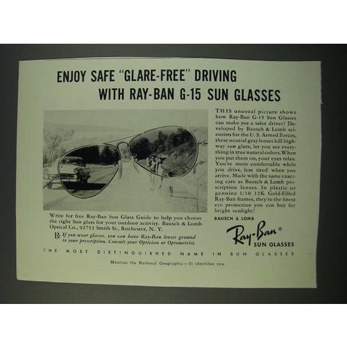 1956 Ray-Ban G-15 Sun Glasses Ad - Enjoy Safe Glare-Free Driving