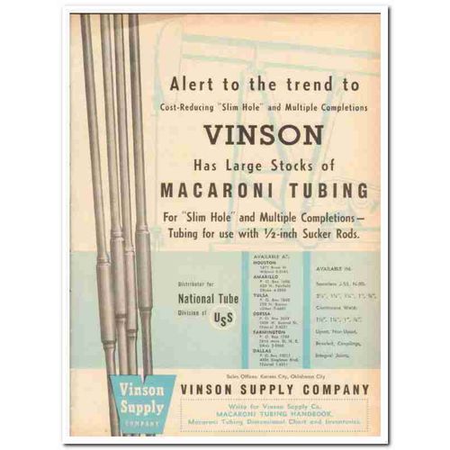 VINSON SUPPLY COMPANY 1959 Large stocks Macaroni Tubing oil vintage ad