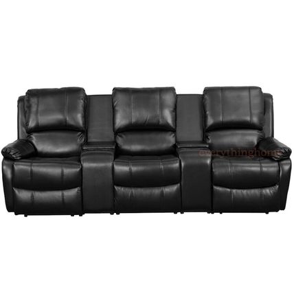 Leather-Soft Theater Seat Recliner 3-Seat Reclining Pillow Back Black Or Brown