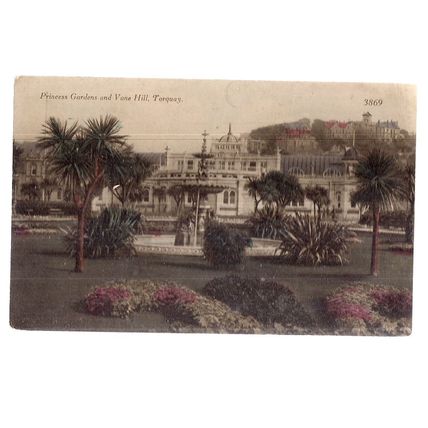 PRINCESS GARDENS & VANE HILL TORQUAY DEVON used antique postcard by Ern Bishop =