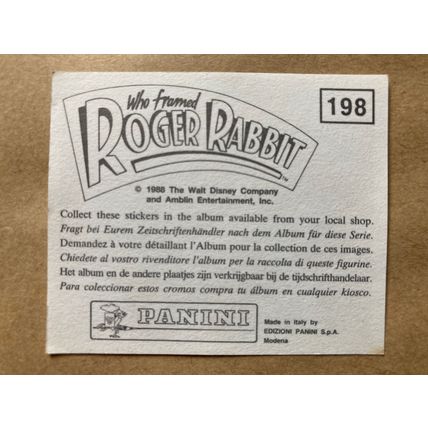 Who Framed Roger Rabbit Sticker # 198 (A) unused 1988 Panini Disney