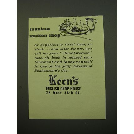 1950 Keen's English Chop House Ad - fabulous mutton chop