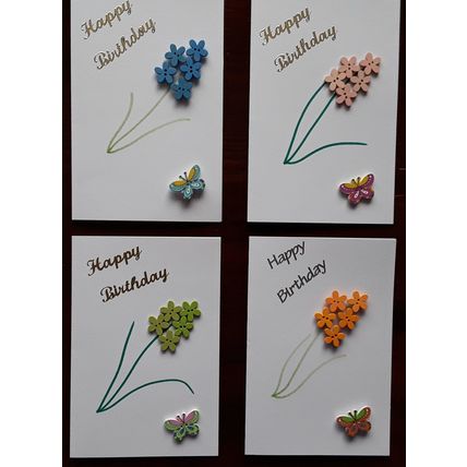 Pack of 4 Hand made birthday card. Button Art hyacinth # blue,green,pink,orange