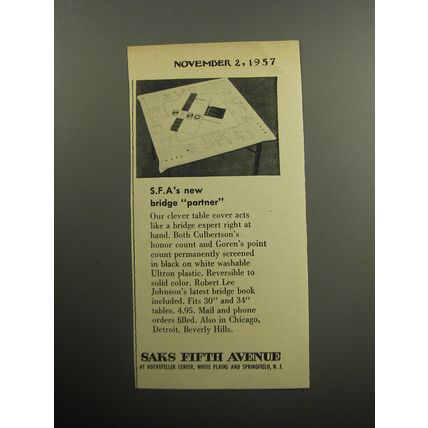 1957 Saks Fifth Avenue Bridge Table Cover Advertisement - New bridge partner