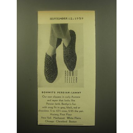 1959 Bonwitt Teller Bertlyn Slippers Ad - Bonwit's Persian-Lammy