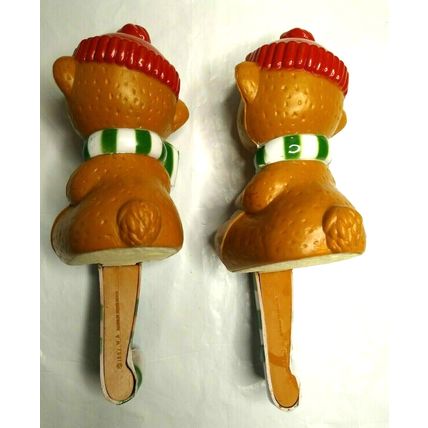 Vintage Plastic Christmas Mantle Sitting Bears (2) Candy Cane Stockings Hooks