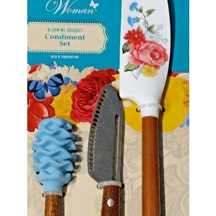 Pioneer Woman Blooming Bouquet Condiment Set 3 Pc Dipper Knife Spatula New!