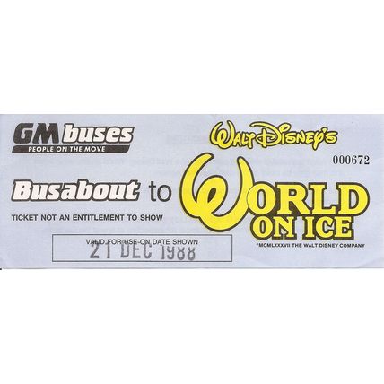 Busabout Ticket issued by G.M. Buses Ltd. to visit Walt Disney's World on Ice
