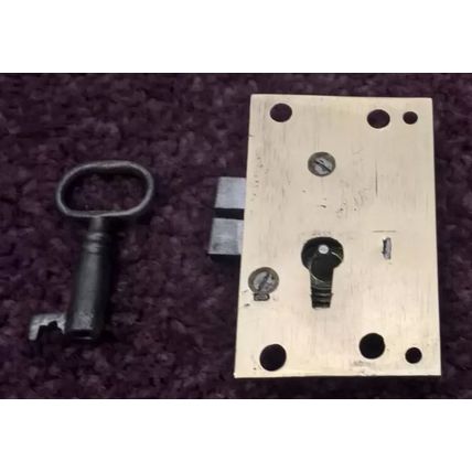 Antique Georgian Cupboard Cabinet Lock Brass Steel 1 Has 1 Key LEFT HANDED L0CK