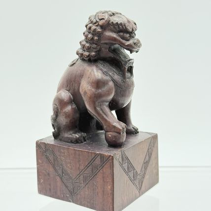 Vintage Foo Lion Chinese Hand Carved Wooden Figurine Solid 3.5”