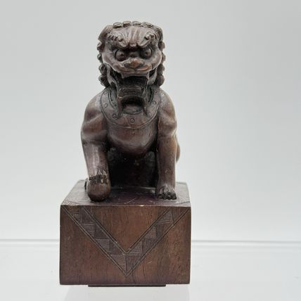 Vintage Foo Lion Chinese Hand Carved Wooden Figurine Solid 3.5”