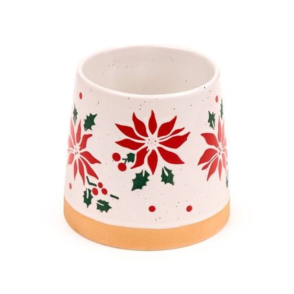 Red Poinsettia Stoneware Mug 9 CM &Boxed Decorated Sticth Pattern Gift Festive