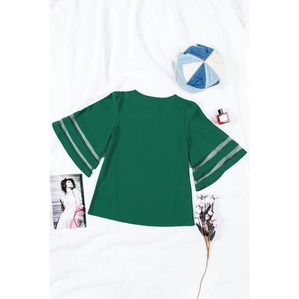 Green Flare Sleeve V Neck Loose Blouse
