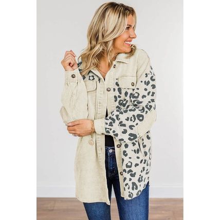 Apricot Leopard Print Detail Pocketed Corduroy Jacket