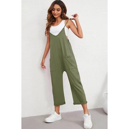 Green Pocketed Adjustable Spaghetti Strap Straight Leg Jumpsuit